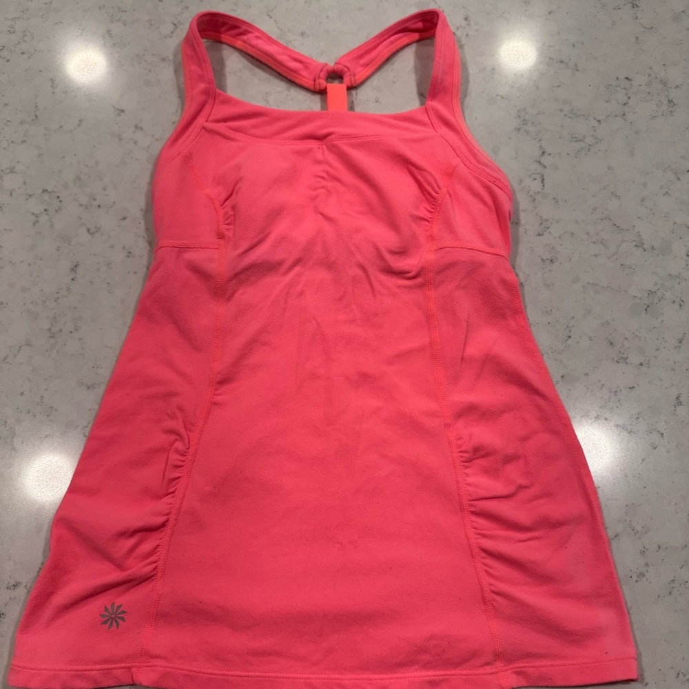 Athleta Neon Pink Workout Racerback Built in Bra Stretchy Fitted Ruching Details